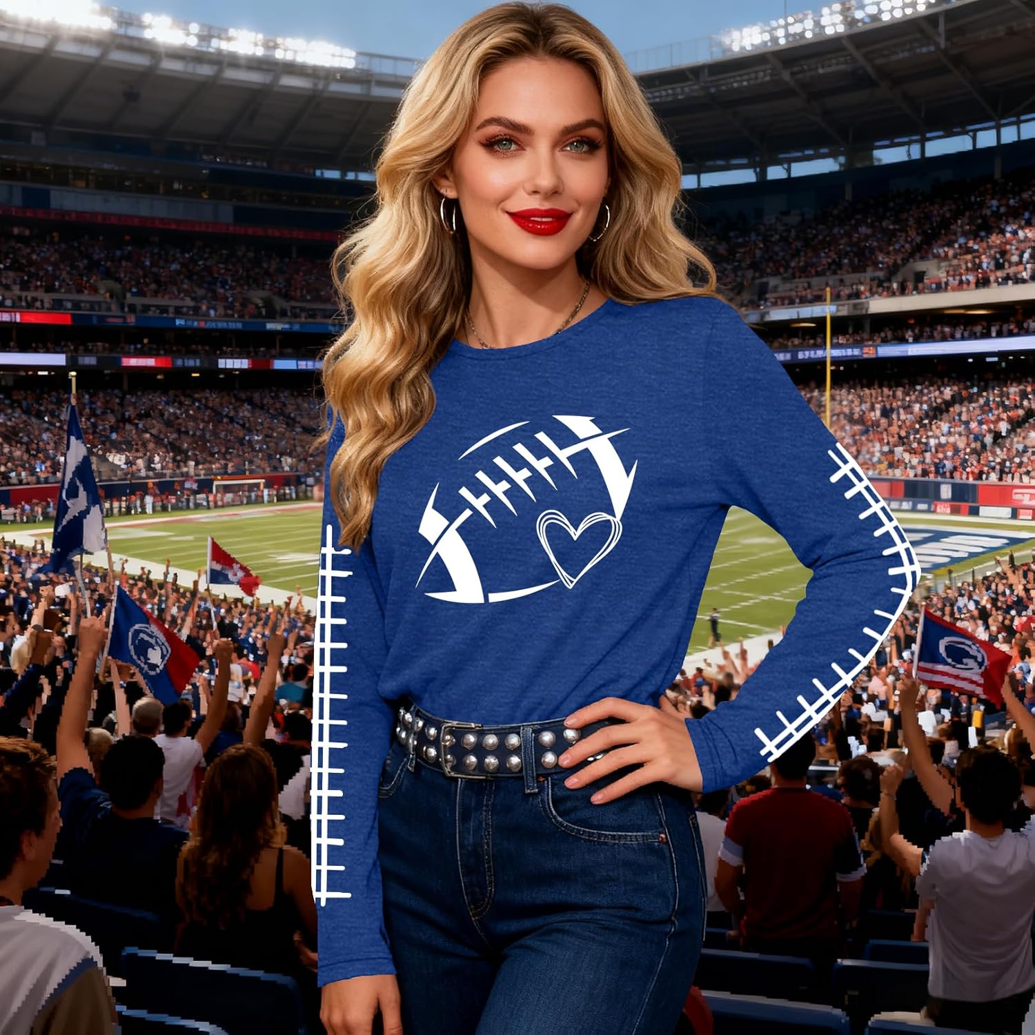 PECHAR Football Shirts for Women: Game Day Shirts Gameday Football Mom Shirt Cute Rugby Graphic Long Sleeve Tops - Image 3