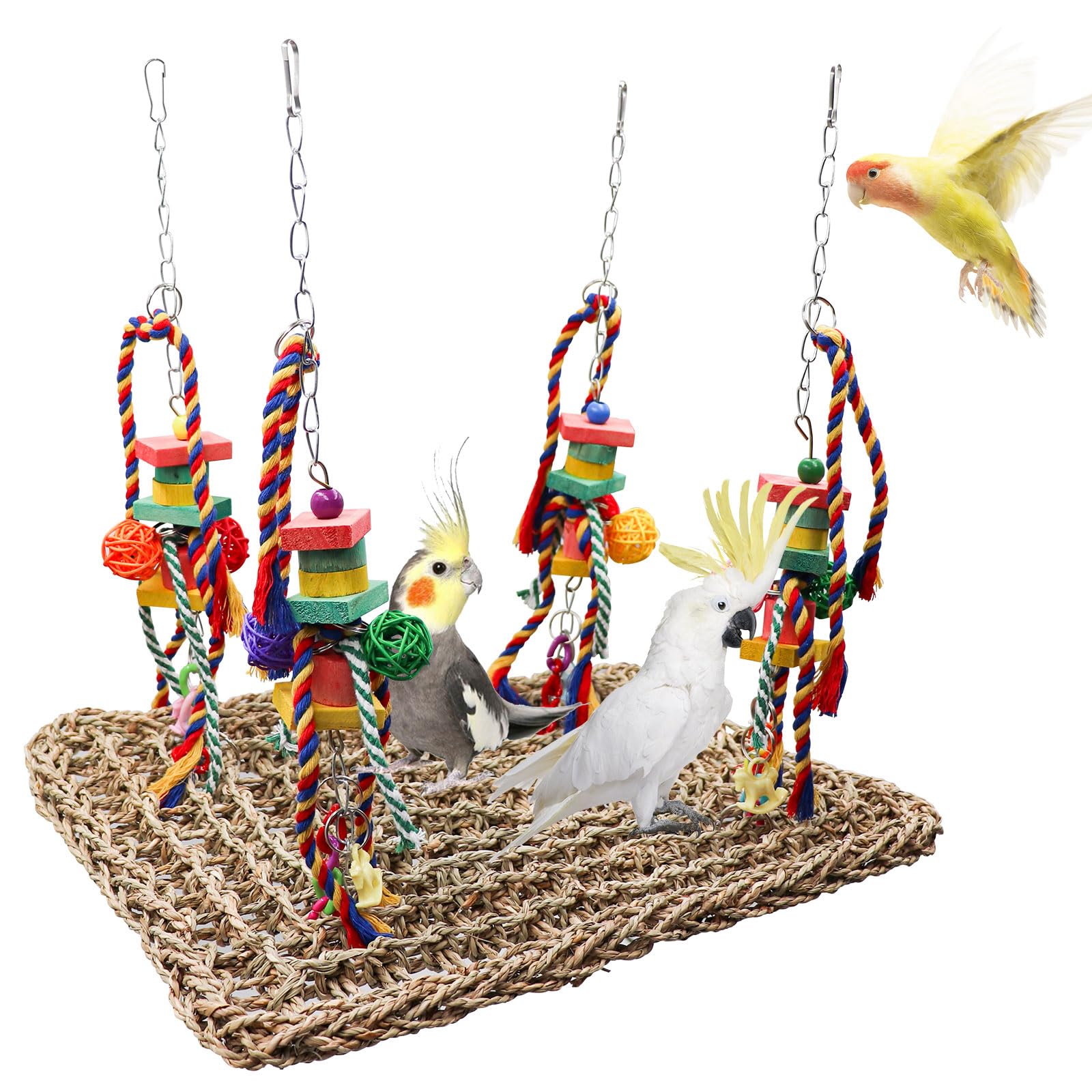 Large Bird Swing Toys, Colorful Parrot Seagrass Mat Hammock with Blocks, Bird Foraging Toy, Bird Cage Accessories, Suitable for Small to Medium Birds Parakeets Lovebirds Cockatiels 15.7 × 11.8 Inches