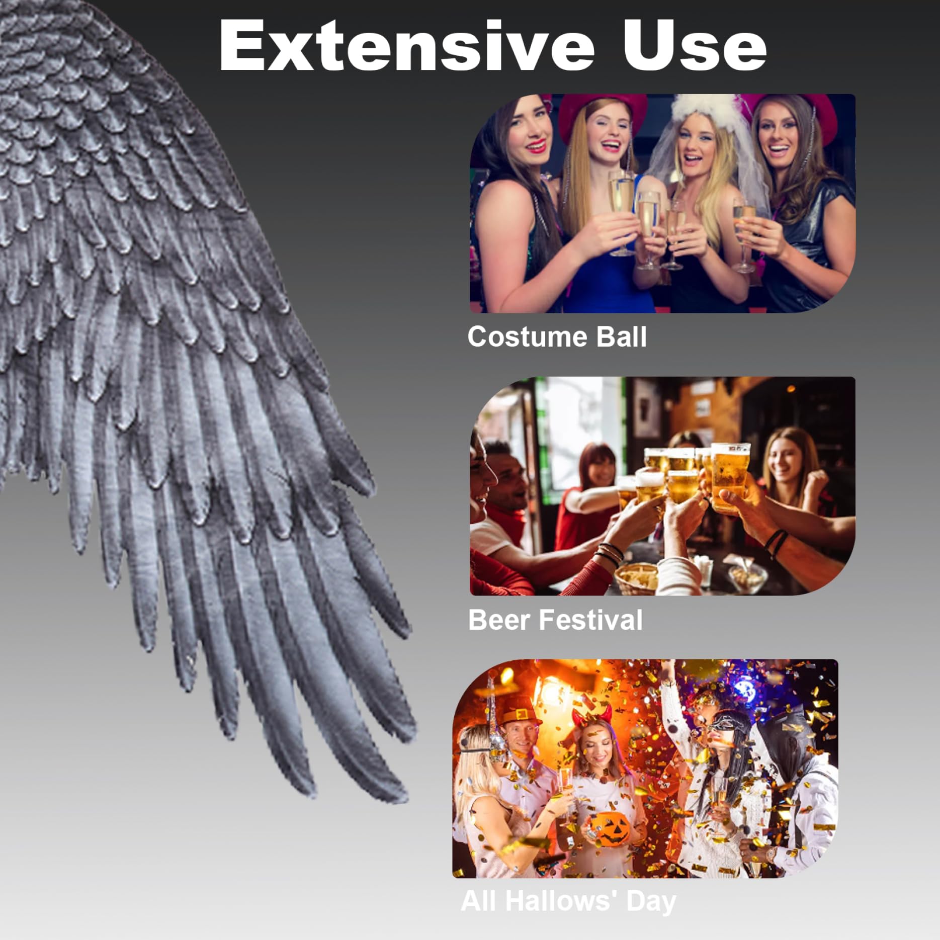 Engel Kostüm Frauen, Engel Flügel für Erwachsene Unisex Freigröße Federn Realistische Halloween Angel Flügel elastischer Schultergurt Nicht gewebter Flügel Kostüm für Party Cosplay Schwarz