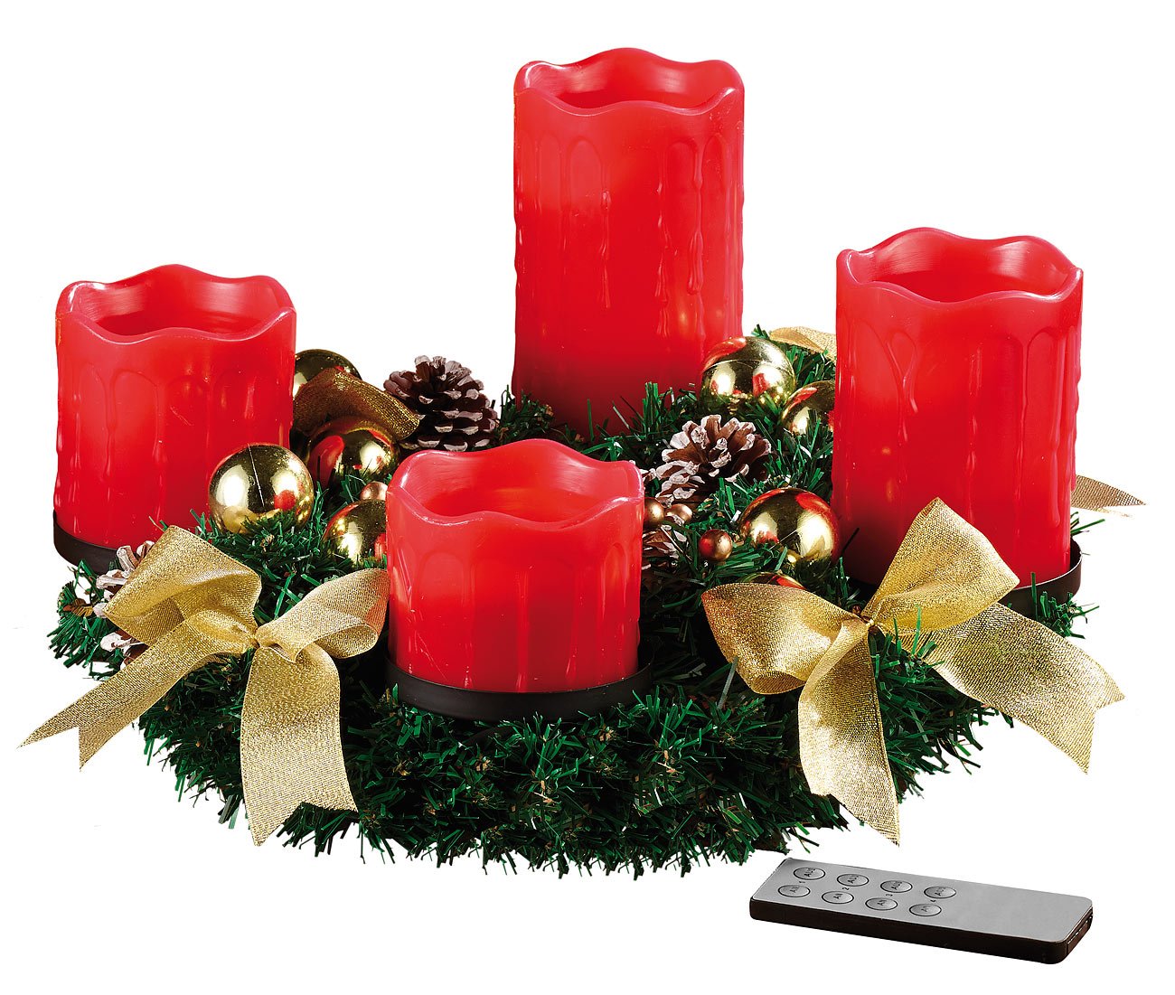 Britesta Adventsgesteck LED: Adventskranz mit roten LED-Kerzen, goldfarben geschmückt (Adventskranz mit Beleuchtung, mit Lichtern, rot) Küche, Haushalt & Wohnen