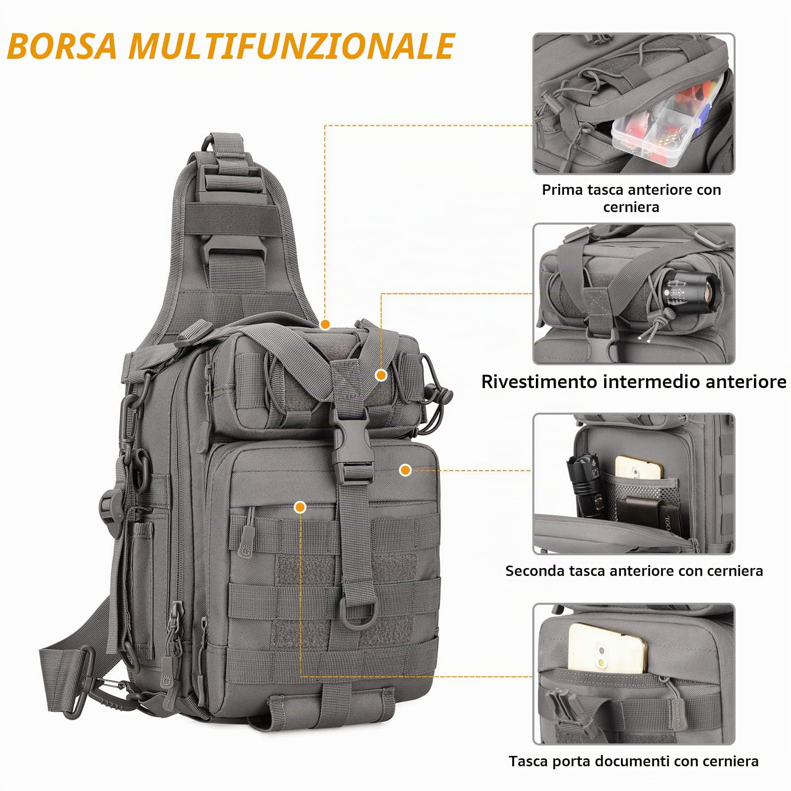 HUNTVP Zaino Monospalla Uomo Tattico Borsa Petto Impermeabile Borsa a Tracolla Militare per Campeggio Escursionismo Ciclismo Viaggio, Type-3 Grigio