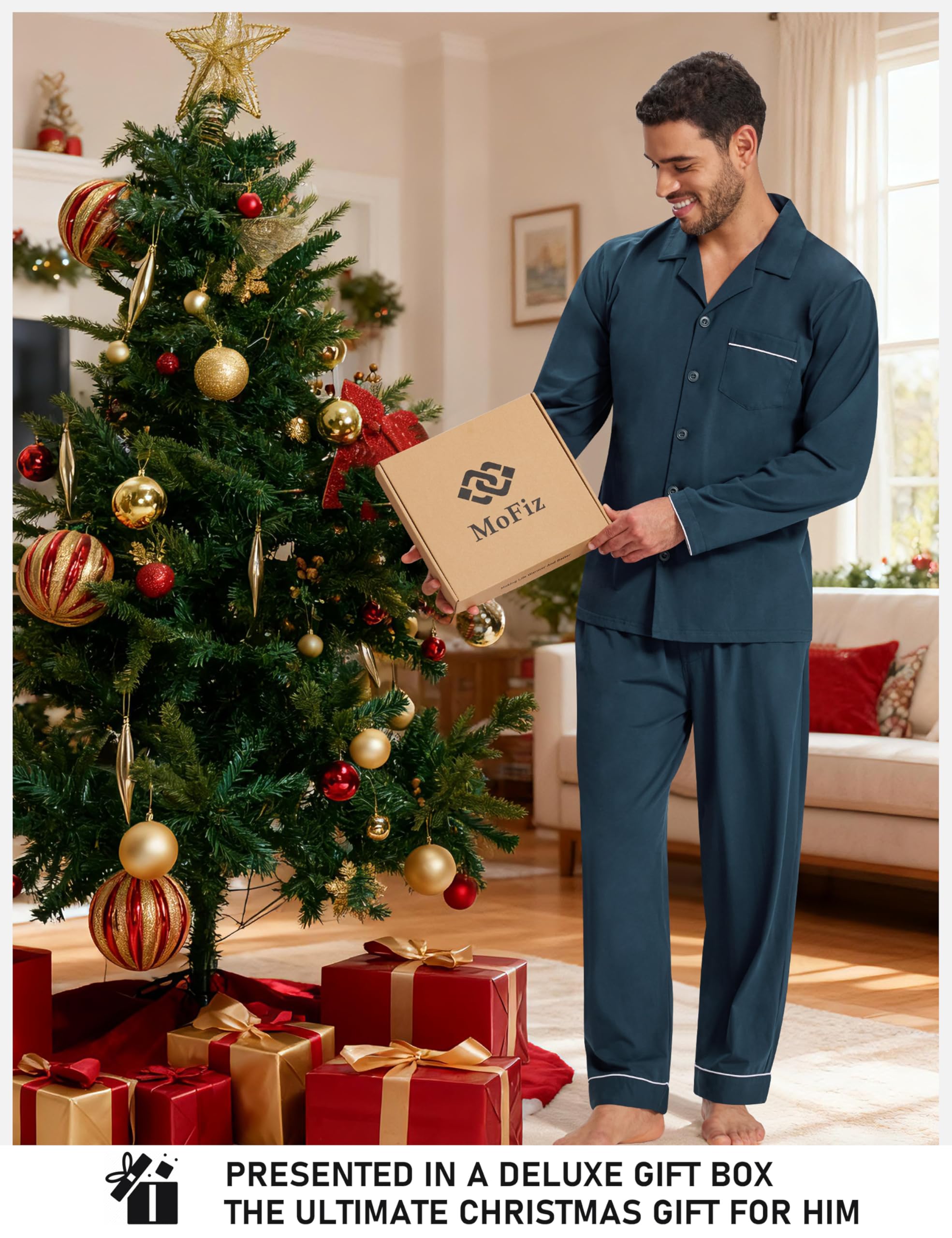 MoFiz Pijamas Hombre Invierno Algodon Manga Larga Pijama con Botones M-4XL