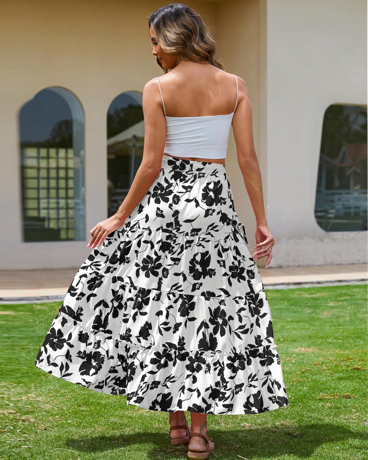 Bsubseach Womens Maxi Skirts 2026 Summer Boho Elastic High Waist Floral Print Pleated Ruffle Flowy Long Skirt with Pockets - Image 6