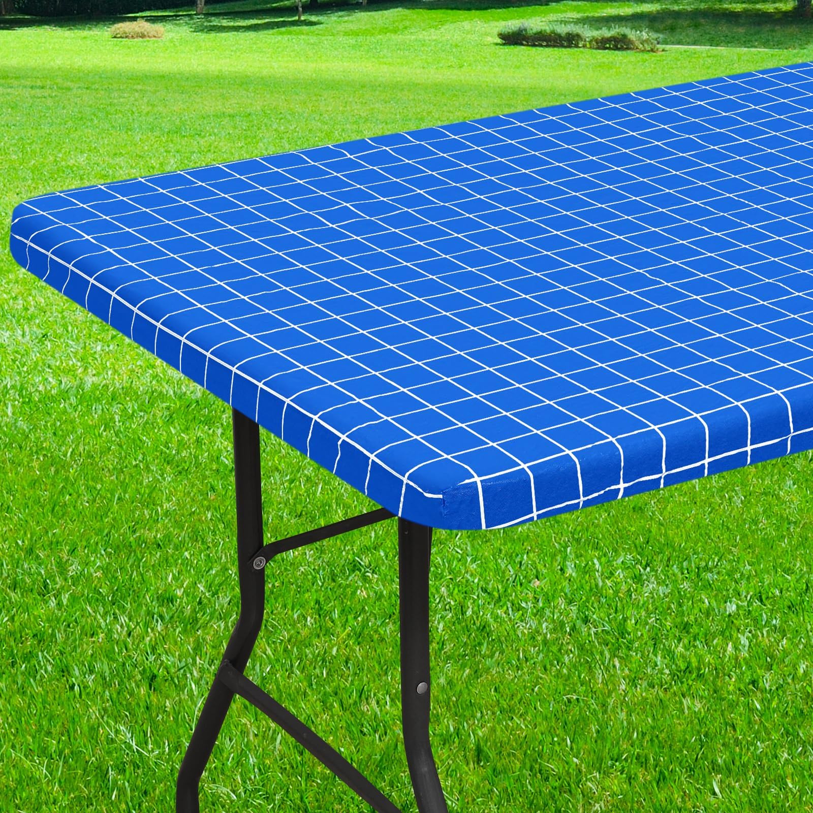 Rectangle Table Cloth, Elastic Fitted Flannel Backed Plastic Table Covers for 8 Foot Folding Tables, Waterproof Vinyl Tablecloths for Picnic, Camping, Indoor and Outdoor (Blue, 30 x 96 inch)