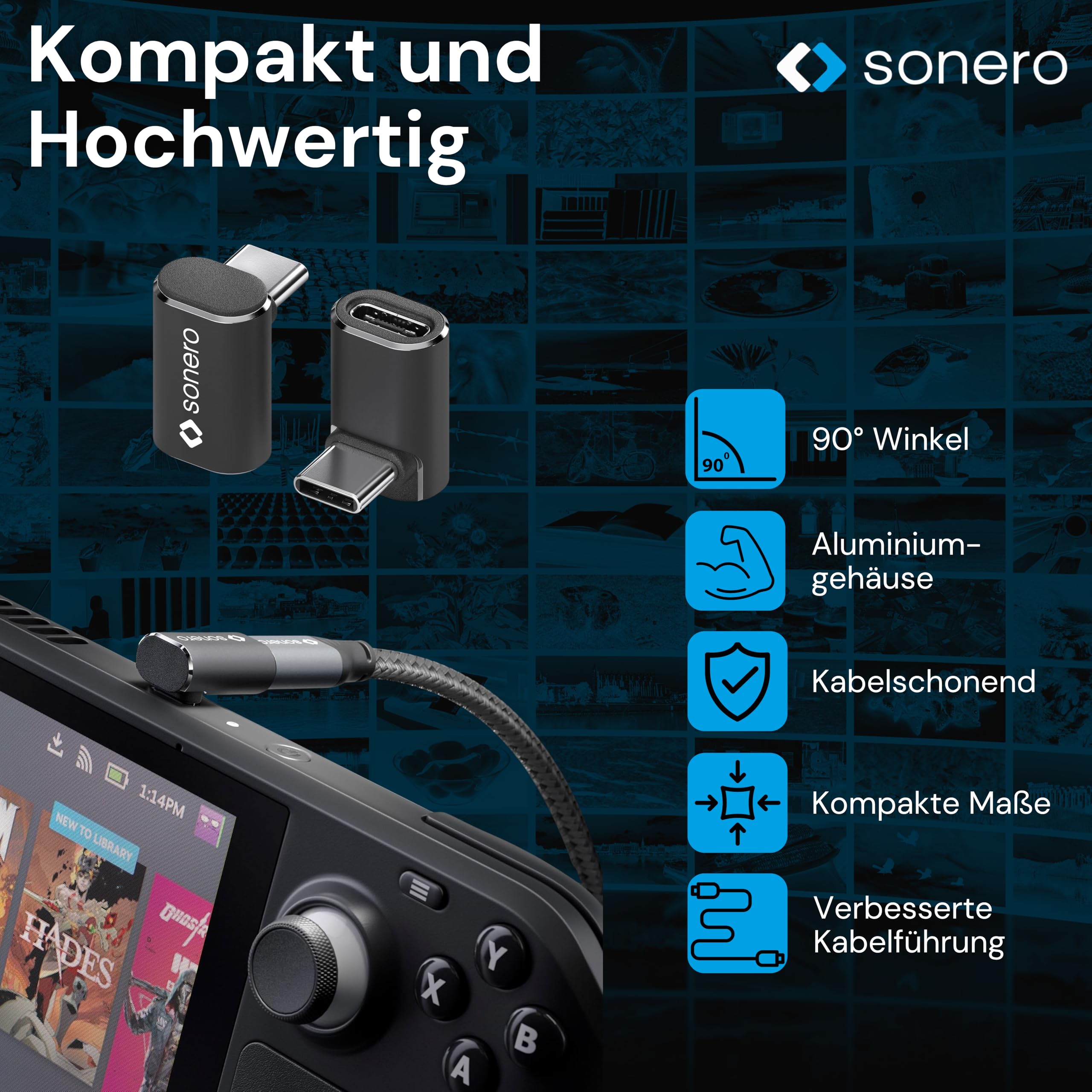 Sonero USB-C maschio a presa USB-C inclinata a 90°, adattatore, 40 Gbps, 240 W, 8K60 Hz, alloggiamento in alluminio, nero