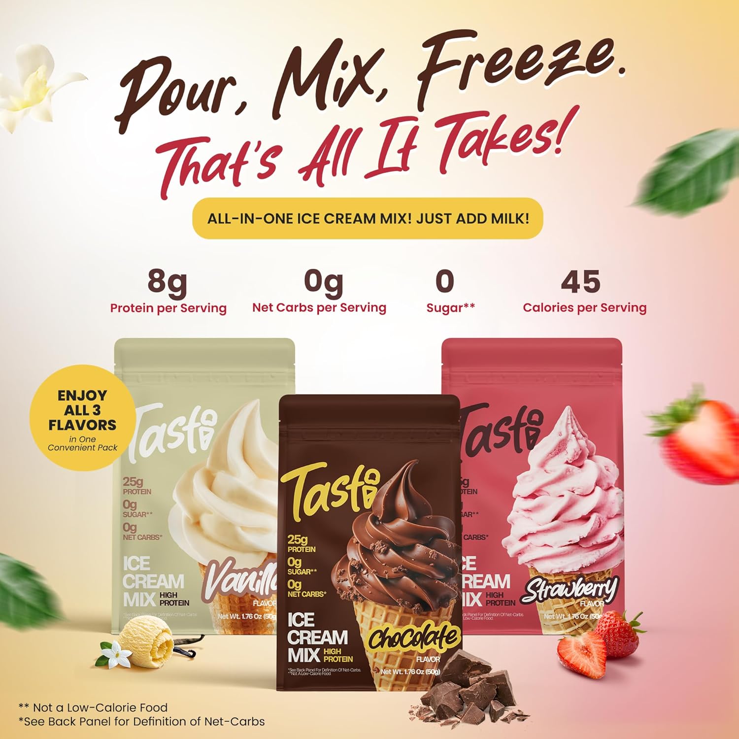 TASTI High-Protein Ice Cream Mix - Chocolate, Vanilla, & Strawberry Sugar Free Ice Cream Powder - Made for Ninja Creami, Soft Serve Mix with <150 Calories (6-Pack, 2 of Each Flavor)