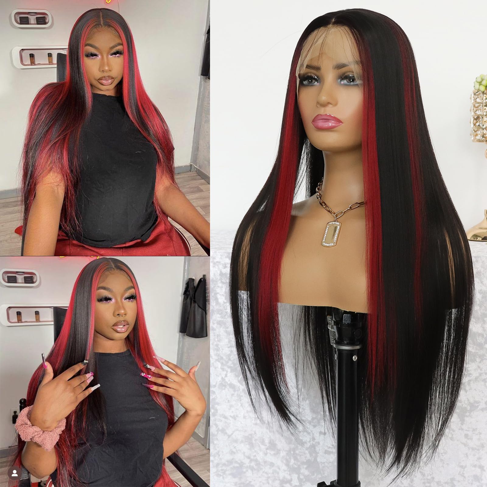 MACA BAKA Highlight Red Long Straight Synthetic Lace Front Wig Glueless Colored Skunk Stripe Red Mixed Black 13x4 Lace Front Wigs for Women Pre