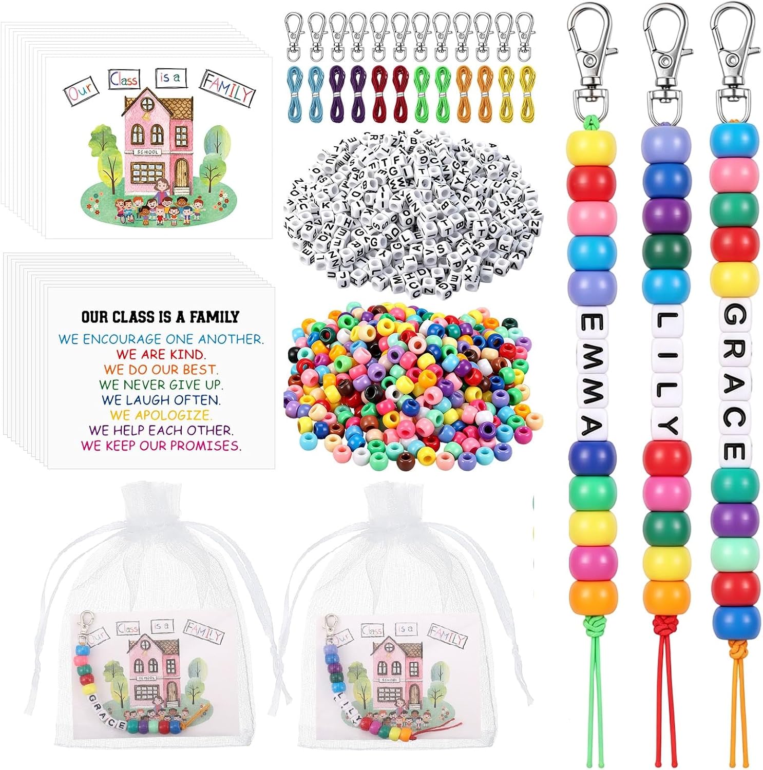 Tondiamo 24 Sets Back to School Keychain Making Kit DIY Key Chain Crafts Include Letter Beads Our Class is a Family Greeting Cards Strings Bags Kit for First Day of School Jewelry Making Gifts