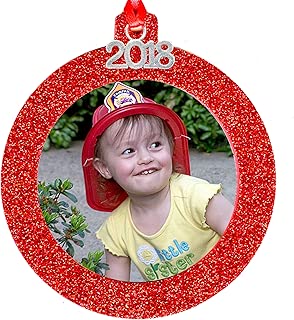 2018 Magnetic Glitter Christmas Photo Frame Ornament with Non Glare Photo Protector, Round - Red - coolthings.us