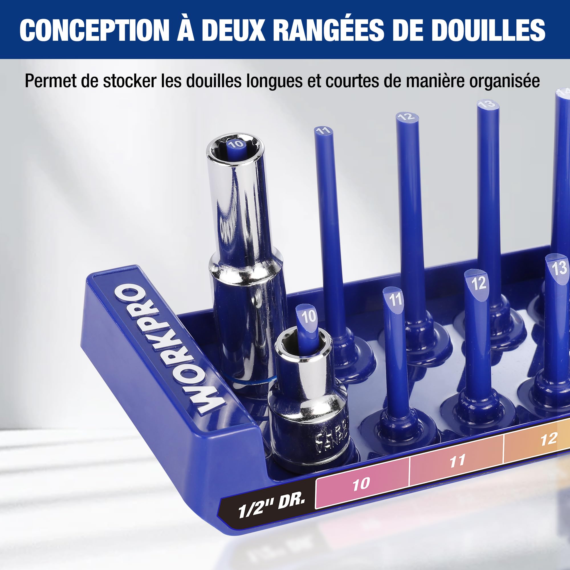 Organisateur De Douilles Magnétique WORKPRO – 1/4 De Pouce, 12 Clips, Rail Alu