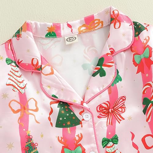Toddler Girl New Year Silk Pajamas Bow&Clock Print Lapel Long Sleeve Button Down Tops and Pants Sleepwear PJs Outfit(Pink Stripe Tree Bow,2-3T)