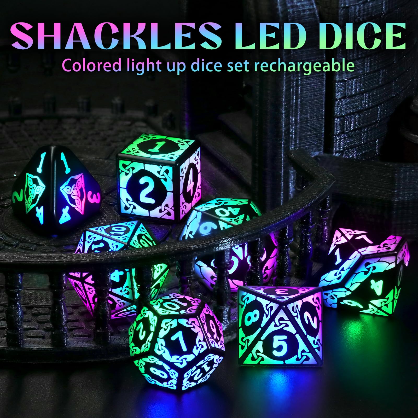 Set Dadi D&D per Dungeons and Dragons Dadi DND Luminosi Ricaricabili con Scatola di Ricarica Dadi Poliedrici LED Dice DND Dice Set (Colorful-Shackles)