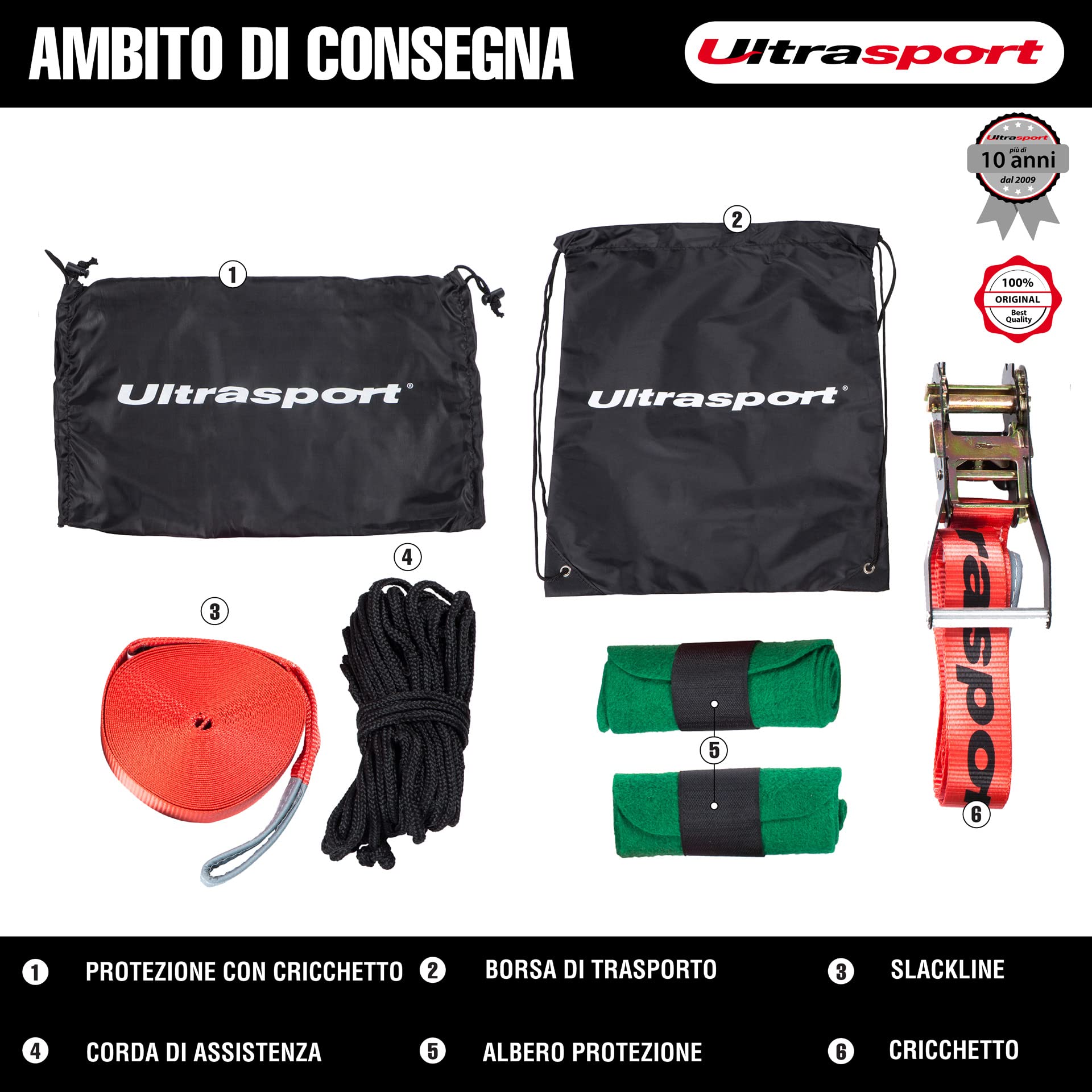 Ultrasport Slackline 15m-25m Set Completo con Cricchetto e Borsa Trasporto, Certificato TÜV GS