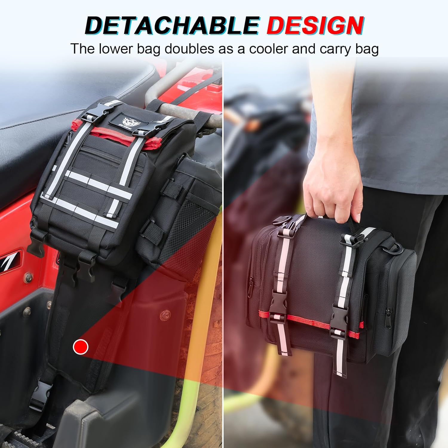 ATV Fender Bag Waterproof, Detachable ATV Rear Storage Bags with Drink Holder & Cooler Compatible with Sportsman Polaris Scrambler Grizzly Kingquad Cfmoto FourTrax, Black & Red