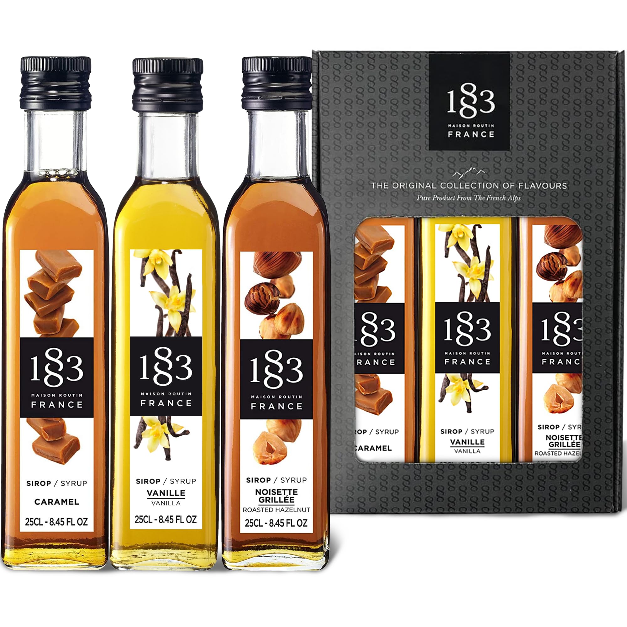 1883 Maison Routin Premium Syrup Gift Set for Coffee & Hot Chocolate, Cocktails, Mocktails, Desserts, Vanilla, Caramel & Roasted Hazelnut, Vegan-Friendly, Allergen Free - 3 x 250ml Glass Bottle