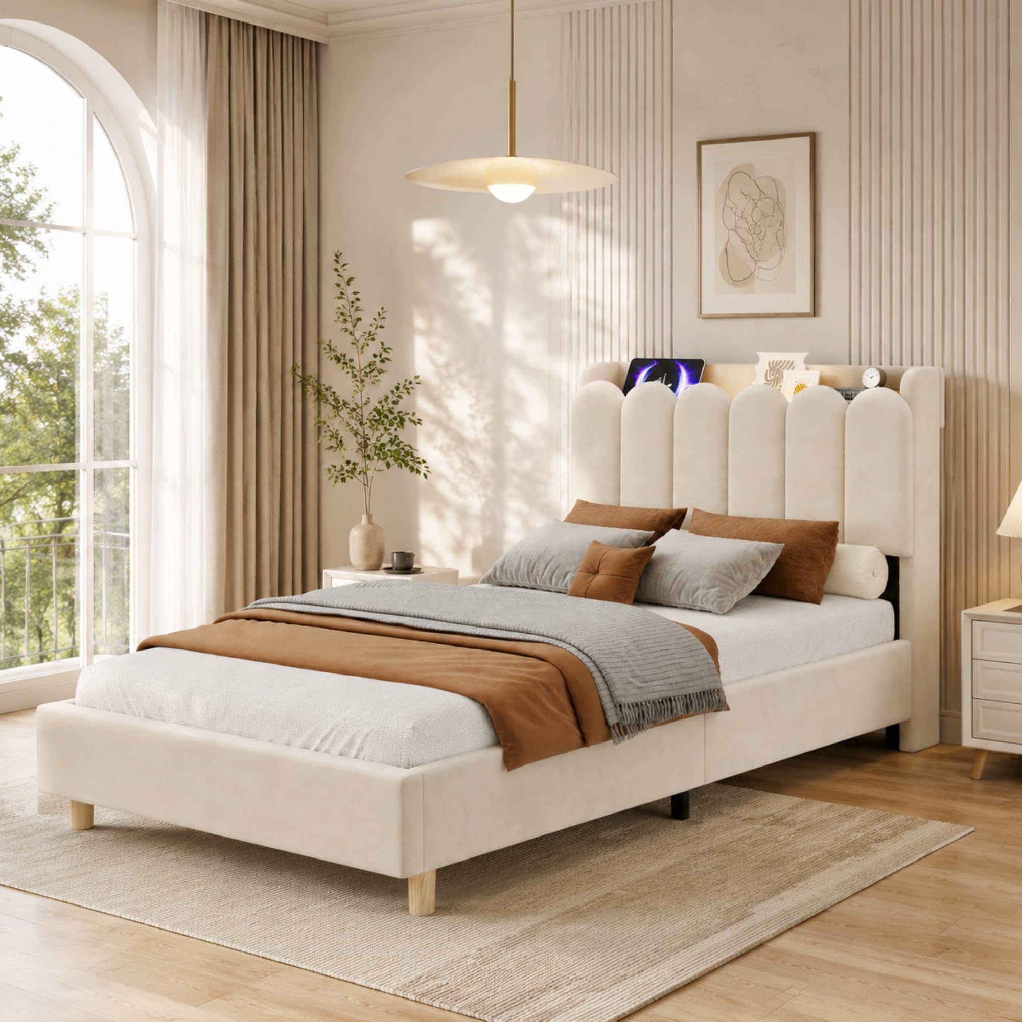 LULUWA 3FT Single Platform Bed Frame 90 x 190 cm Upholstered Bed with Storage Headboard USB & Type-C Charging Ports and Reading Light Velvet Beige
