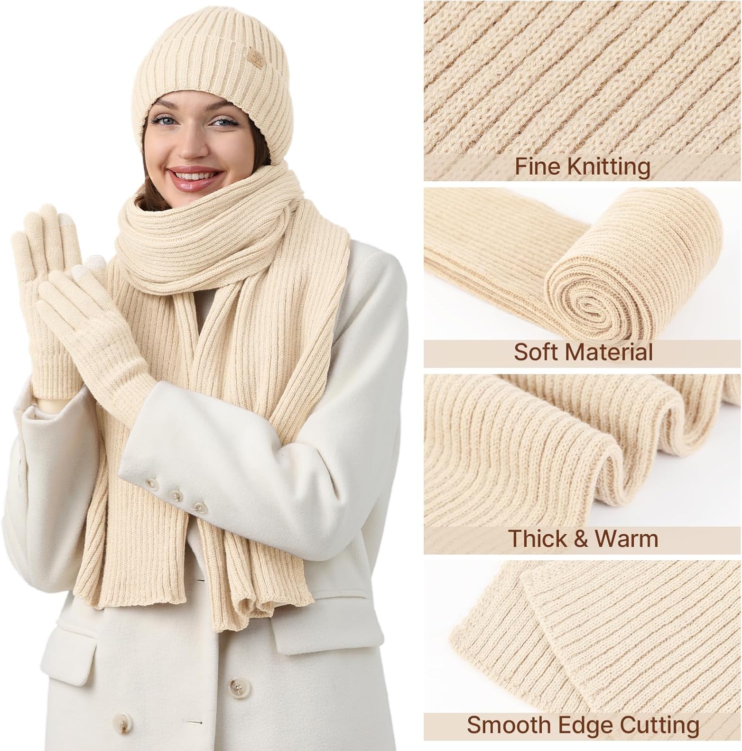 Premillow Winter Beanie Hat Scarf Gloves Set for Women, Slouchy Womens Winter Hats Long Scarf Touchscreen Gloves 3 in 1 Set - Image 6