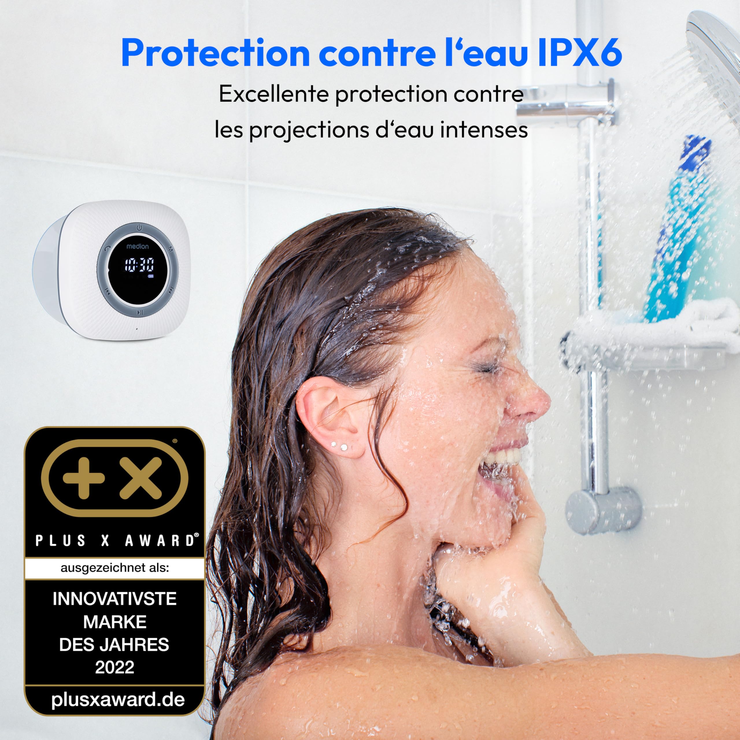 MEDION S66884 Radio de Douche avec Bluetooth (Radio de Salle de Bain, Radio FM, Ventouse, écran LED, IPX6 étanche, Batterie intégrée, MD43884) Blanc