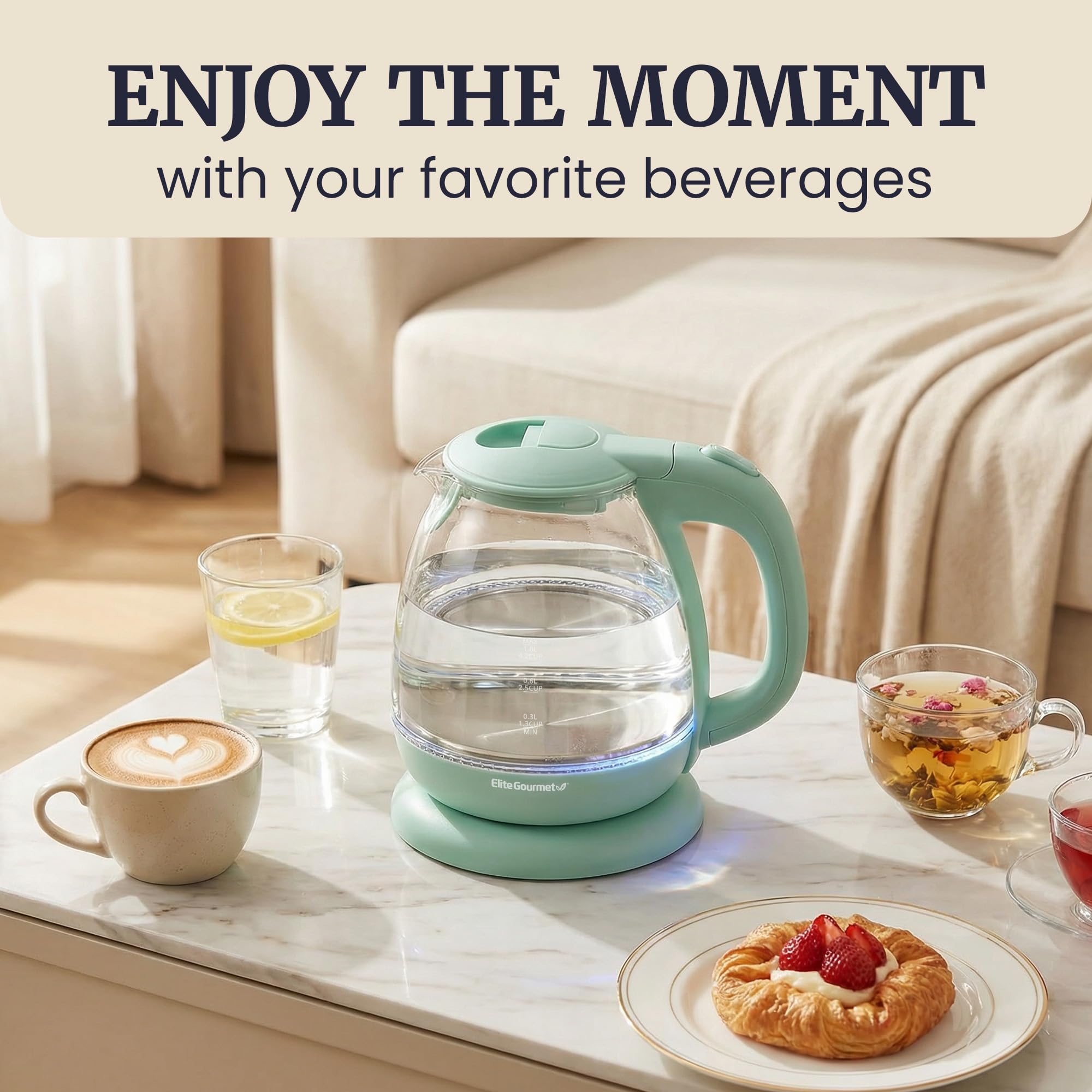 Elite Gourmet - Hervidor de agua eléctrico de vidrio de 1 litro, sin BPA, ebullición rápida, apagado automático, protección contra ebullición, base giratoria de 360° con servicio inalámbrico, marcas