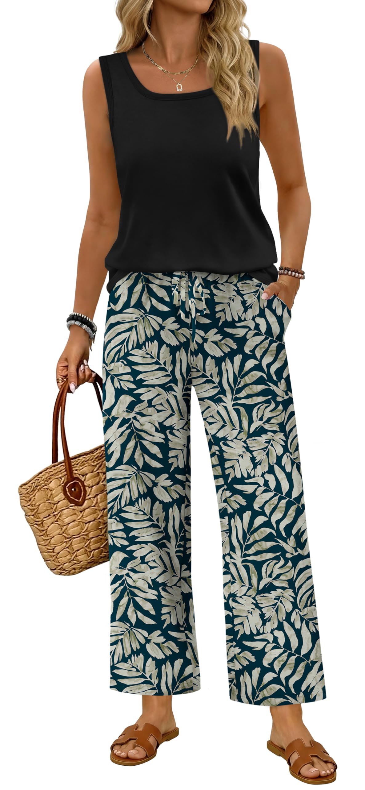 WIHOLL Two Piece Sets for Women Summer Spring Outfits Tank Square Neck Sleeveless Travel Vacation Lounge Wide Leg Pants Set — view 16