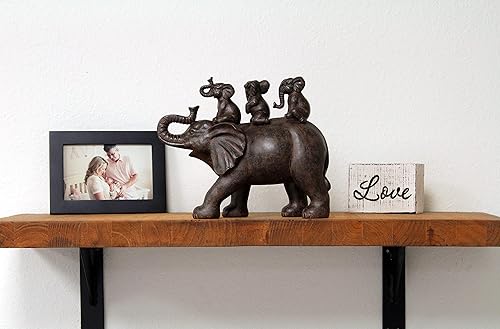 Miniatura 6 de Nature's Mark Estatua de resina de 8 pulgadas de alto, 3 elefantes montando un elefante, decoración decorativa para el hogar (marrón)