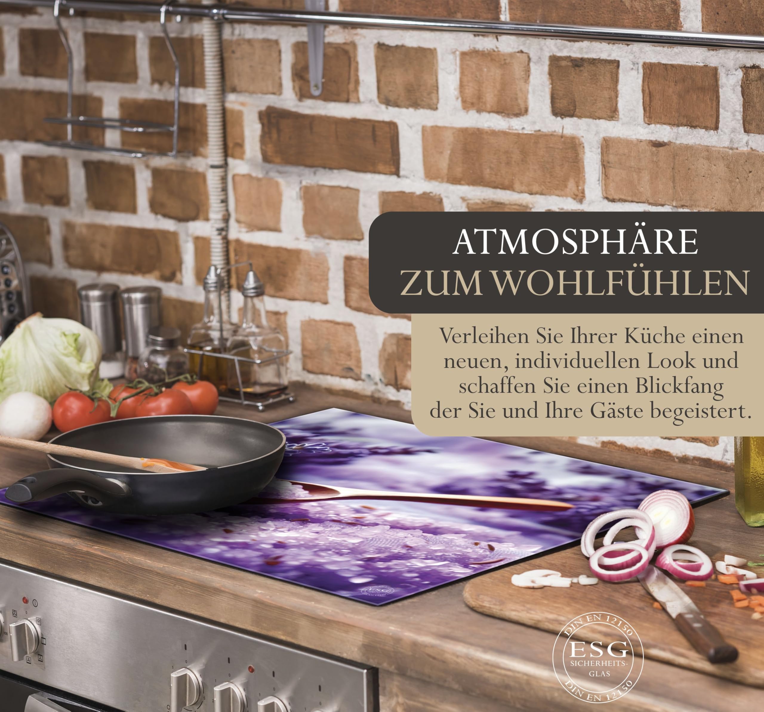 Herdabdeckplatte 80x52 cm einteilig aus 4mm ESG Glas | Lavendel Salzkristalle violett Kristalle, Badesalz, Bad & Spa | Herd Abdeckung Abdeckplatte Induktion Schneidebrett Glasplatte für Ceranfeld