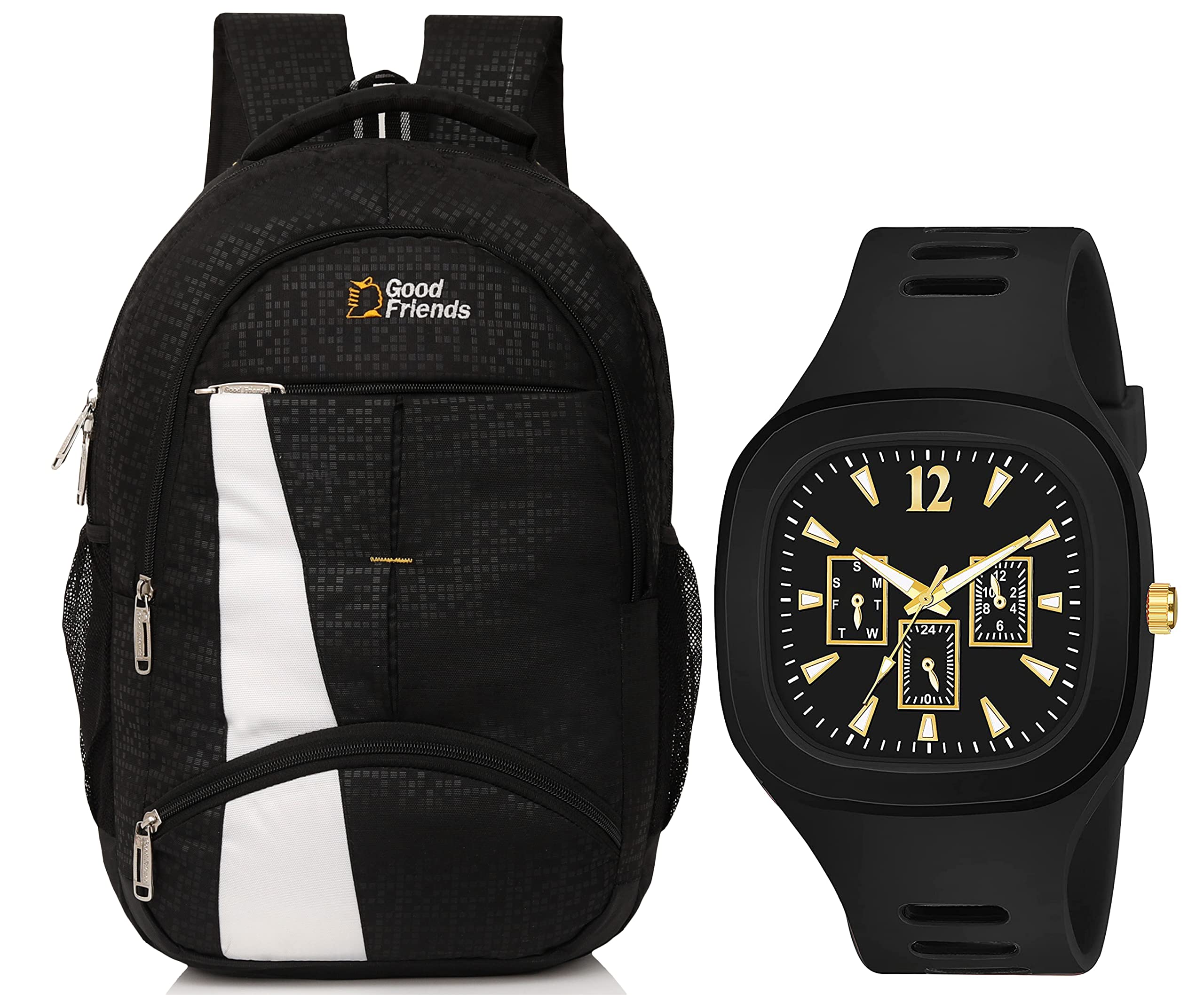 GOOD FRIENDS 35L Water Resistant Backpack, College Bag, school bags with Square Black Analogue Watch (B0BSLQZZ5P) Amazon Price History, Amazon Price Tracker