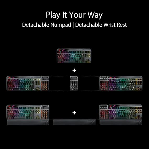 ASUS ROG Claymore II 100% / 80% TKL Wireless RGB Modular Gaming Keyboard, ROG RX Red Switches, PBT Doubleshot Keycaps, Detachable Numpad, Wrist Rest, Media Controls, USB Passthrough-Black, UK Layout