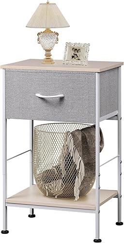 WLIVE Mesita de noche, mesa auxiliar con cajón de almacenamiento de tela y estante de madera abierto, muebles de noche con marco de acero, mesa