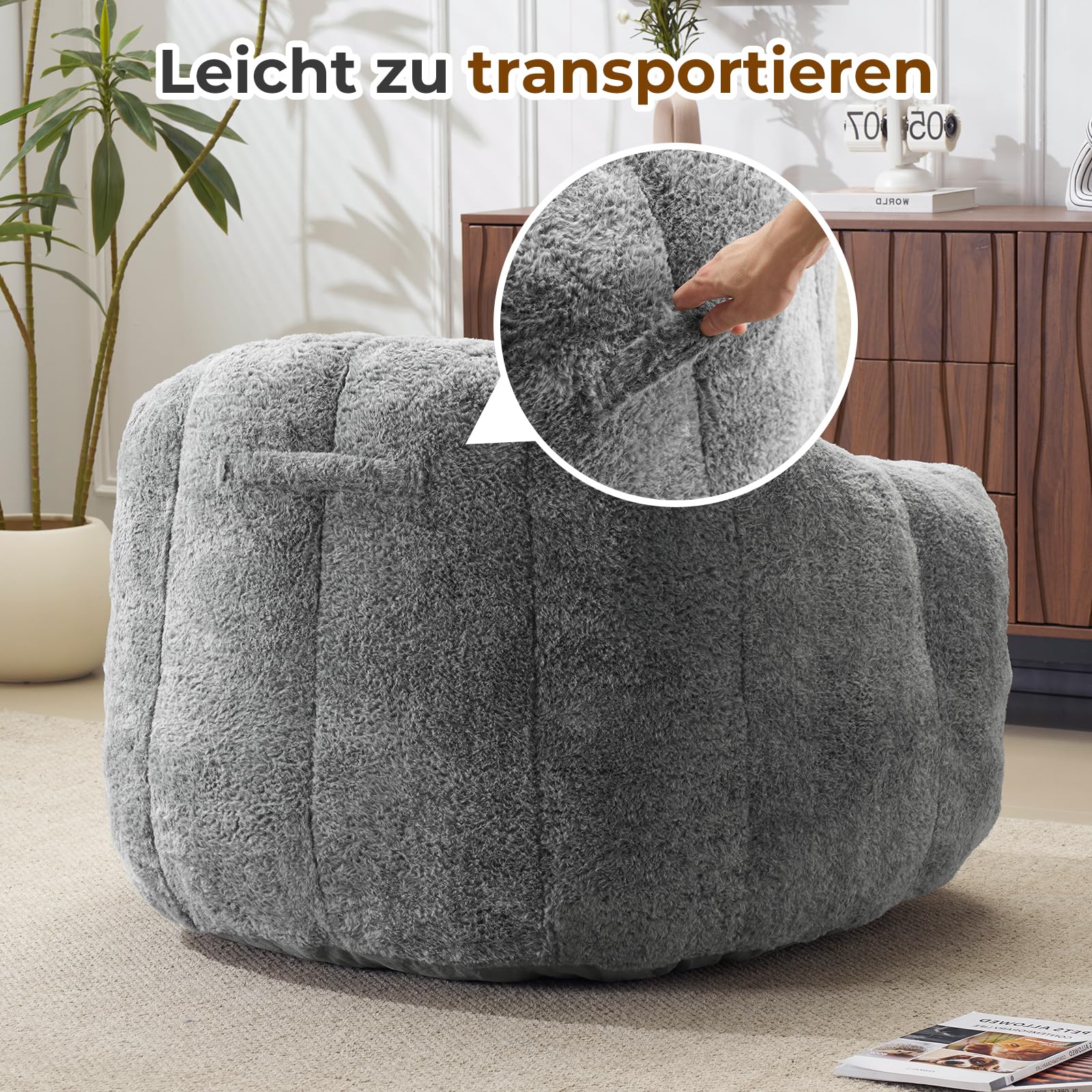 Sitzsack für Erwachsene, Flauschiger Loungesessel aus Kunstfell mit Kissen, Belastbarkeit bis 160 kg, Vakuumverpackt & ohne Montage, für Wohnzimmer, Schlafzimmer, Balkon, Grau