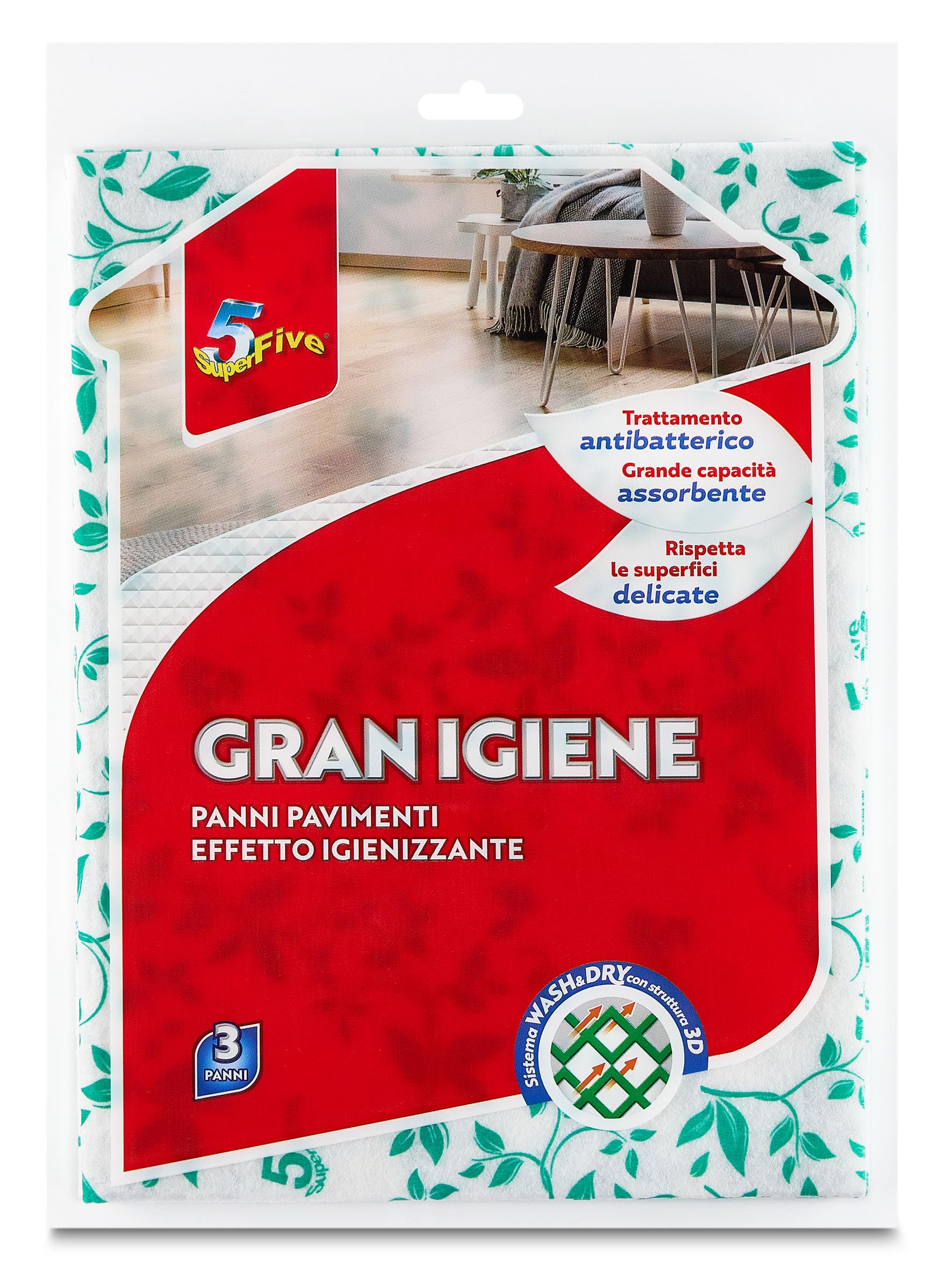 SUPERFIVE, Gran Igiene, Panno Pavimenti con Trattamento Antibatterico, Panno in Microfibra 3 Panni x 14 Pack (42 Pezzi)