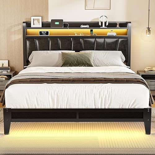Base de cama tamaño Queen con estantes de almacenamiento de 2 niveles, marco de cama LED con cabecera de piel sintética, cama de plataforma de metal