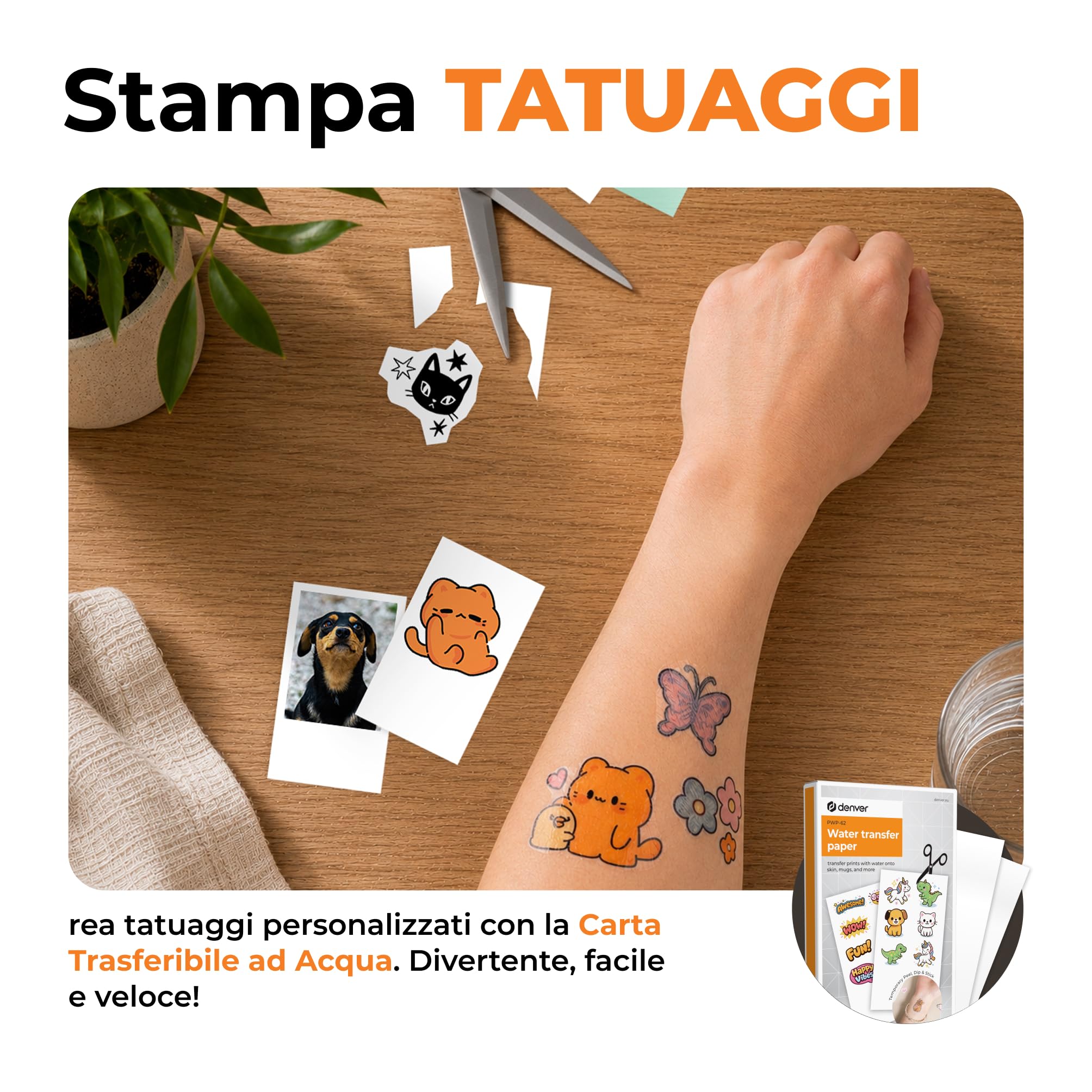Denver MCP-6010 Mini stampante fotografica per smartphone, stampante portatile a colori con Bluetooth 5.2, 600 DPI, iOS e Android, stampante fotografica portatile con batteria, cartuccia e set di 20