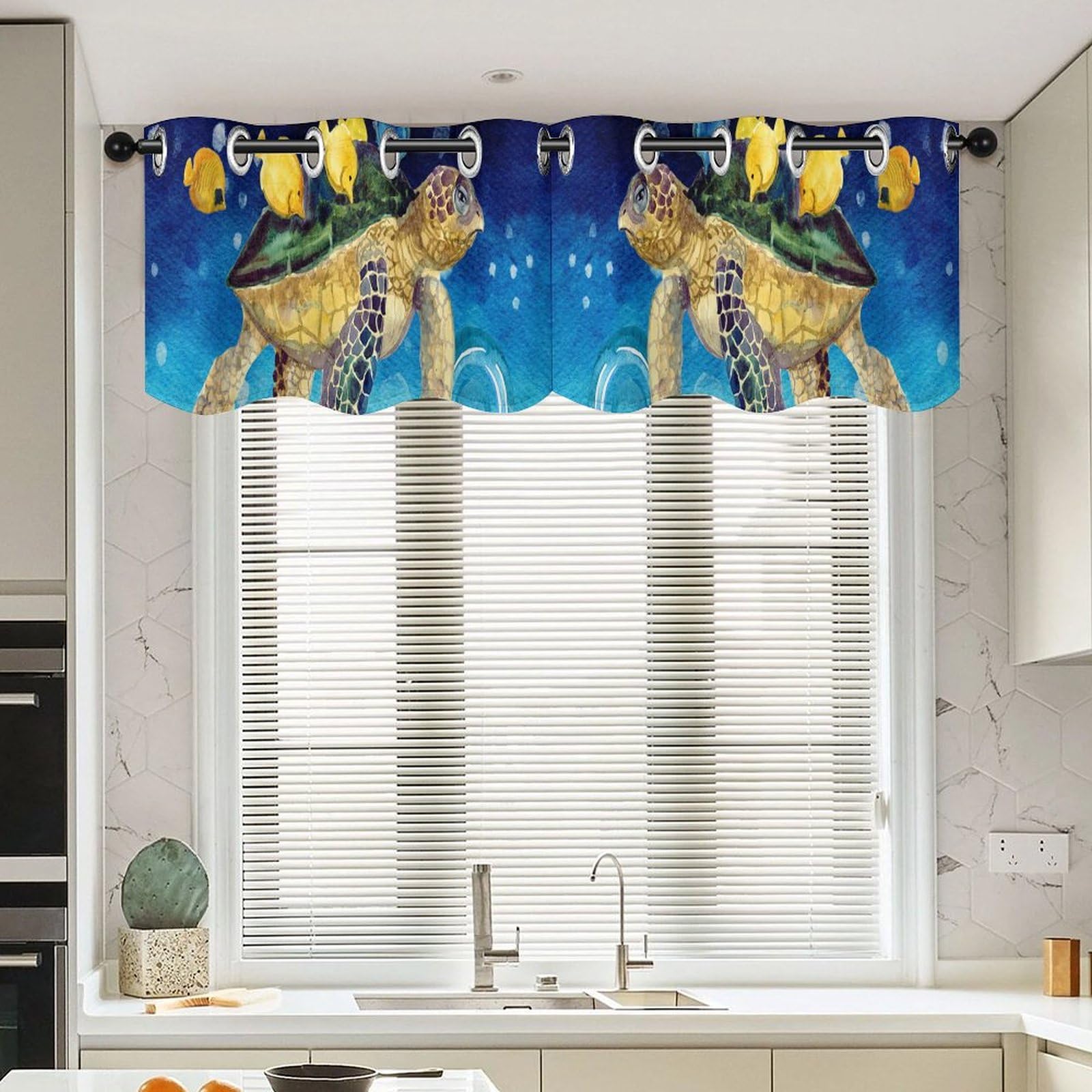 Rideaux de cantonnière tortue de mer : lot de 2 pour cuisine style milieu du siècle
