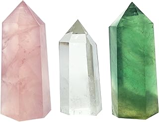 Set of 3 Healing Crystal Wands of 3 Stones, Rose Quartz, Clear Quartz, Fluorite, Pointed & Faceted Prism Bars for Reiki Chakra Meditation Therapy Deco
