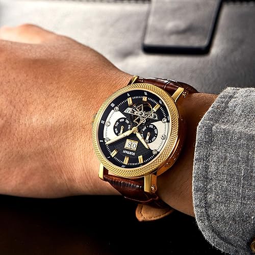 Miniatura 5 de Relojes automáticos para hombres, relojes de esqueleto de cristal de zafiro para hombres, reloj mecánico de cuerda automática, correa de cuero