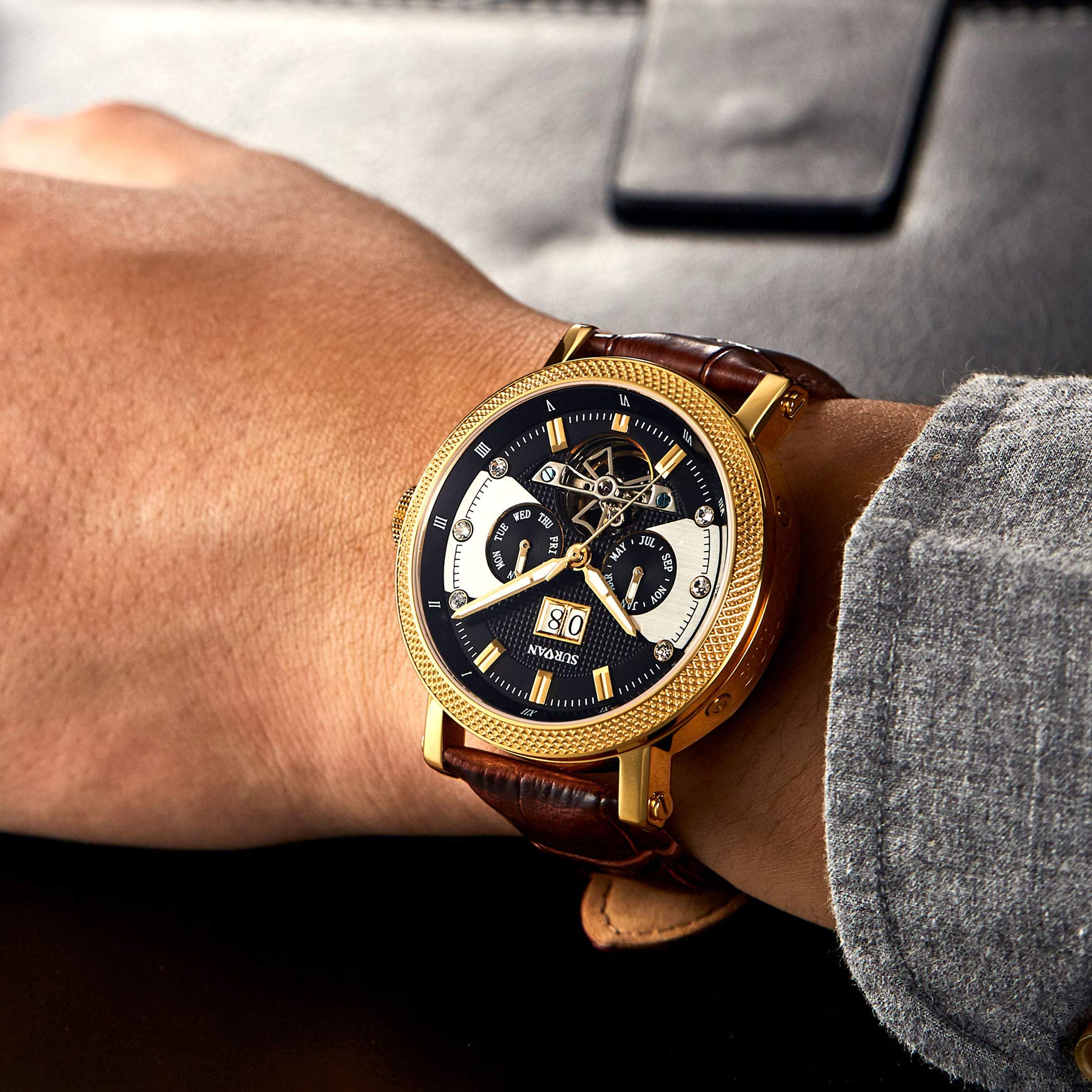 SURVAN Armbanduhr Herren,Schweizer Automatikwerk Armbanduhr,für Männer Dreifach Kalenderanzeige Datum Tag Monat,männer uhren Mechanische,Echtes Leder Armband,Wasserdicht,Geschenk watch for men,Gold
