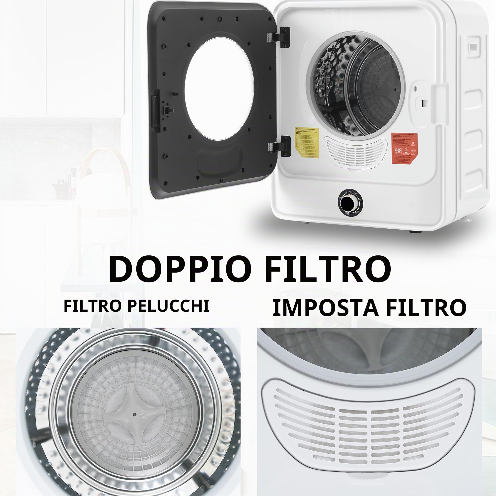 Qiang 830W Mini Asciugatrice per Vestiti Portatile Asciugabiancheria Elettrico Essiccatore Piccola Canna Interna in Inossidabile 3Kg Fino a 4,5Kg Montaggio a Parete/Indipendente/Sottobanco