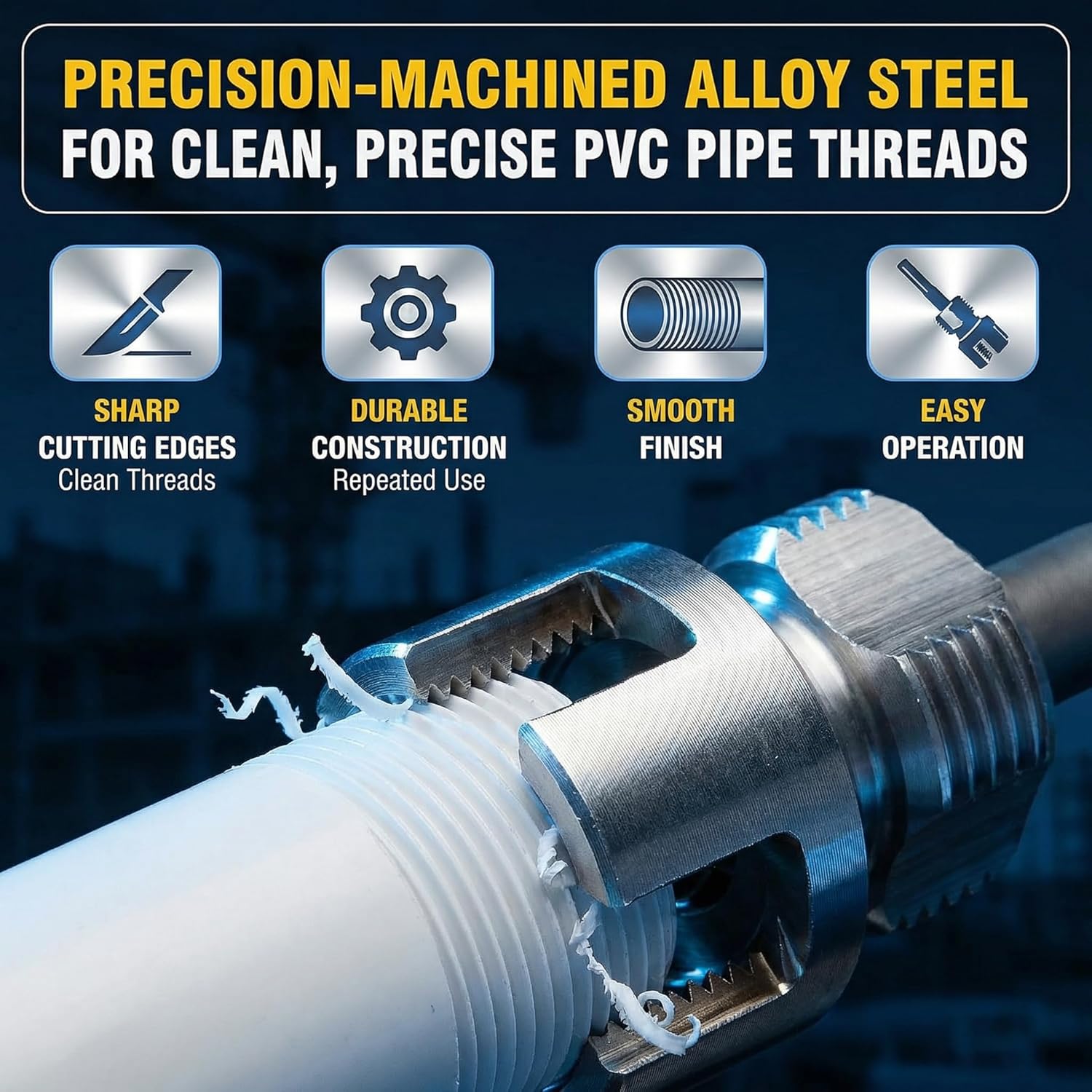 3PCS PVC Pipe Threader Kit, Integrated Internal & External Pipe Threading Tool for 1/2", 3/4" & 1" PVC/Plastic Pipes, PVC Threader for Drill, 4 in 1 Water Pipe Thread Cutting Tool with 2 PTFE Tapes