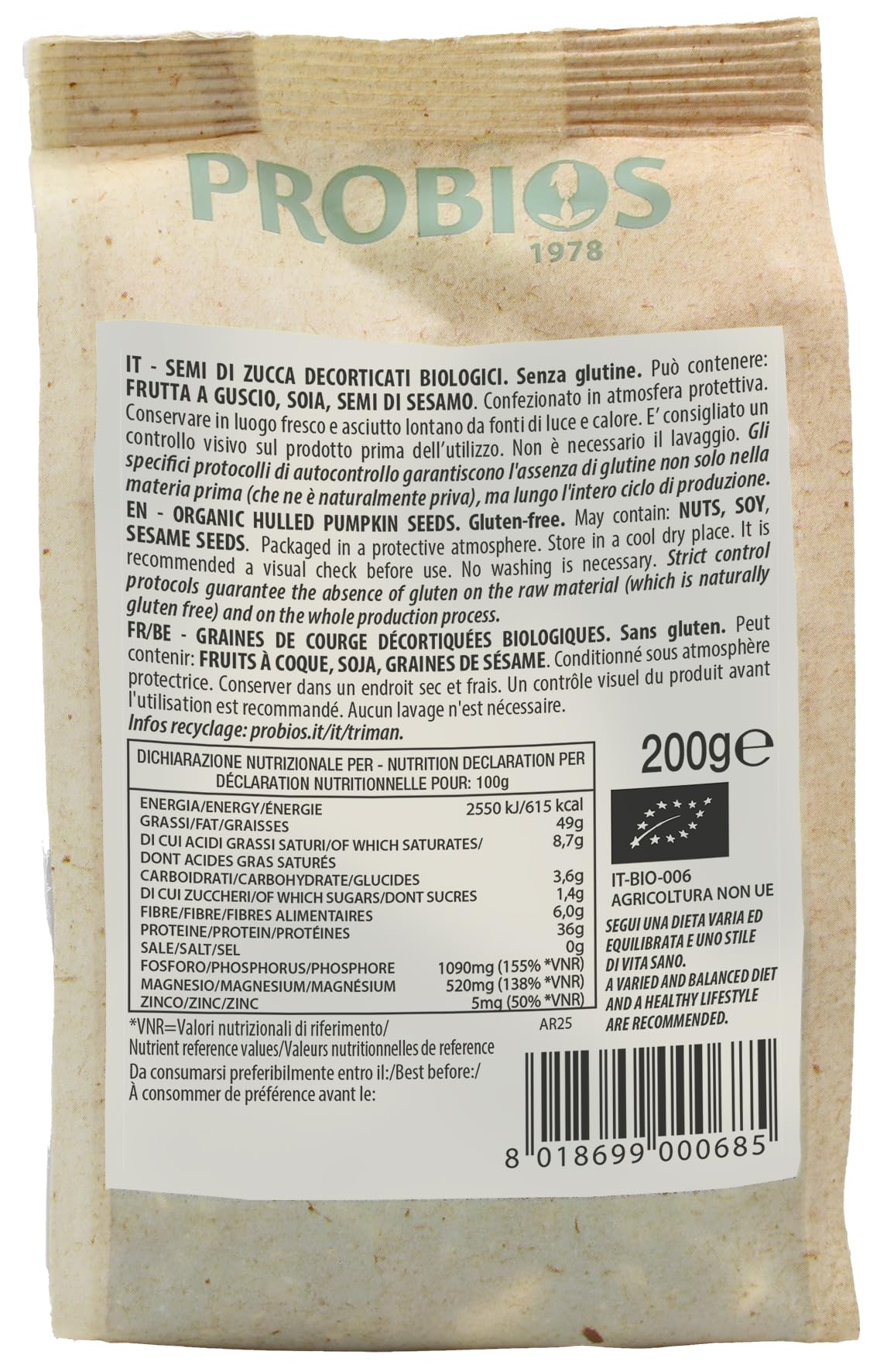Probios Semi di Zucca Bio - Fonte di fibre e minerali - ideale sia per piatti cotti che crudi - Qualità Premium Semi Zucca - Confezione da 6 (6 x 200 g)