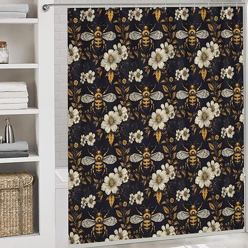 Miniatura 5 de 4 Pcs Bathroom Sets with Shower Curtain and Rugs - Modern Fashion Retro Floral Bee Yellow Print Bathroom Mat Set Decor Accessories for U Shape and