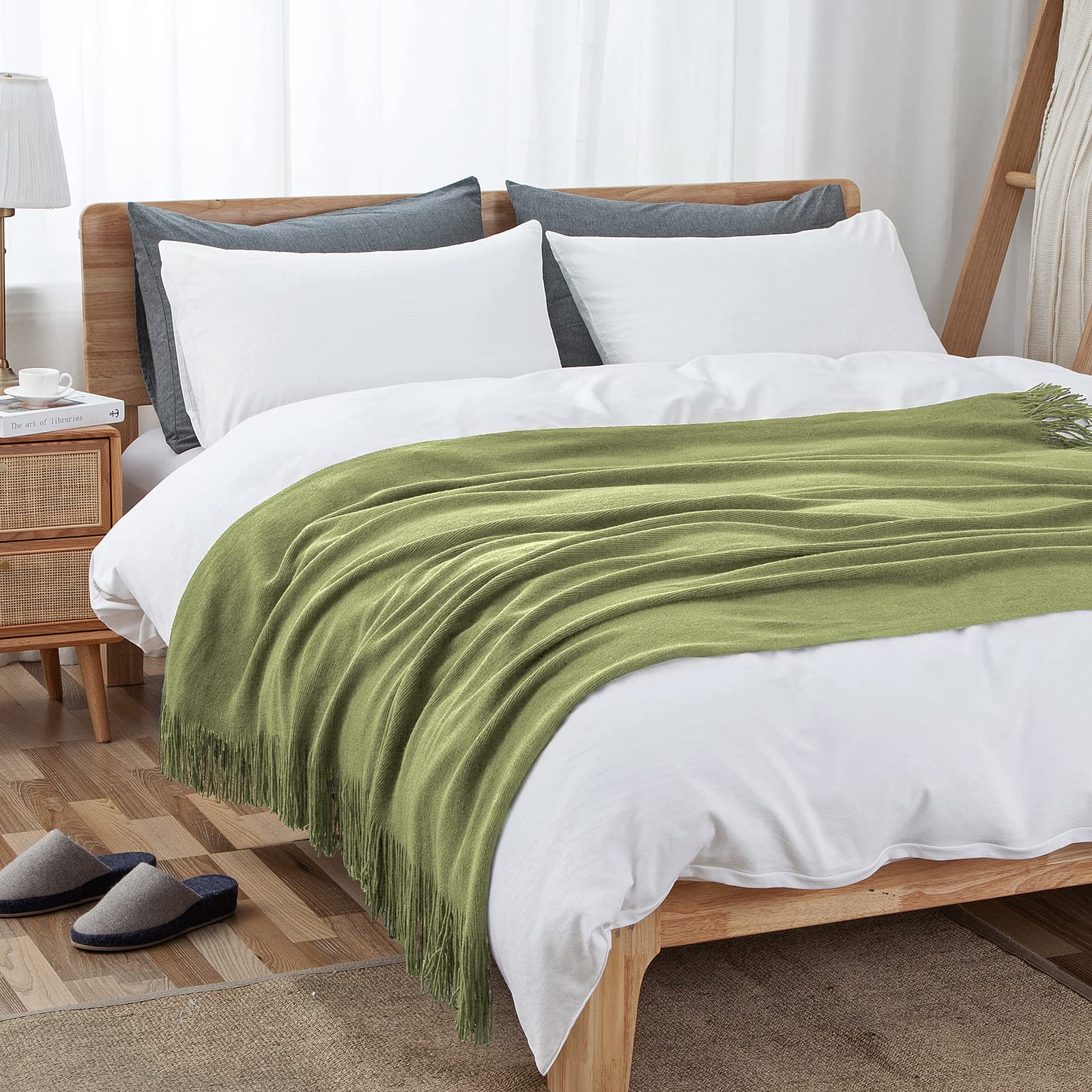 Vonty Coperta lavorata a maglia verde salvia con nappe frange 127 x 152,4 cm, coperta in maglia super morbida, decorativa per divano, letto