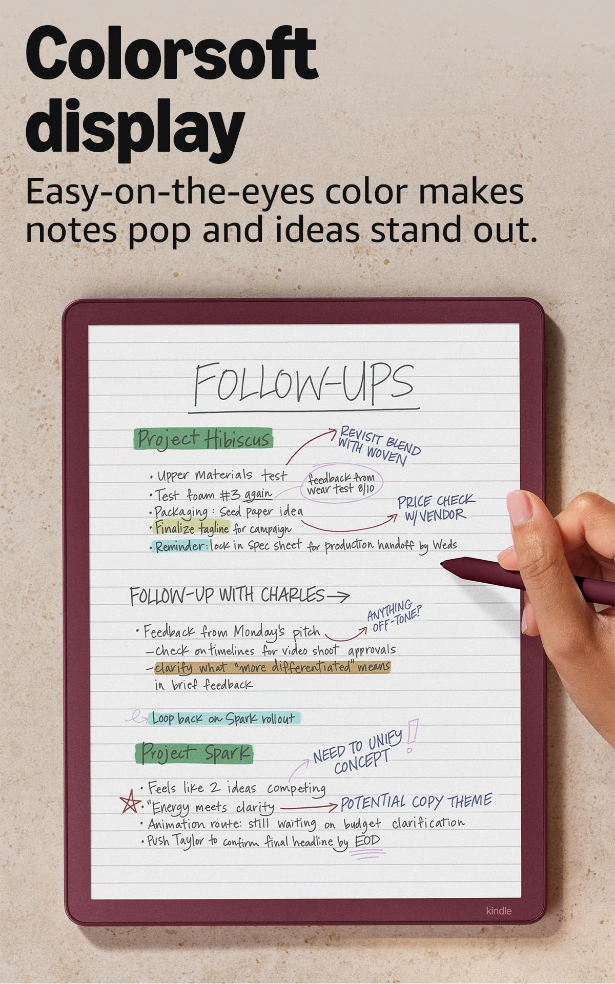 Amazon Kindle Scribe Colorsoft 64GB (newest model) — 11” paper-like color display with front light — Thin, light, powerful — Write in notebooks, documents, and books. Includes Premium Pen - Fig