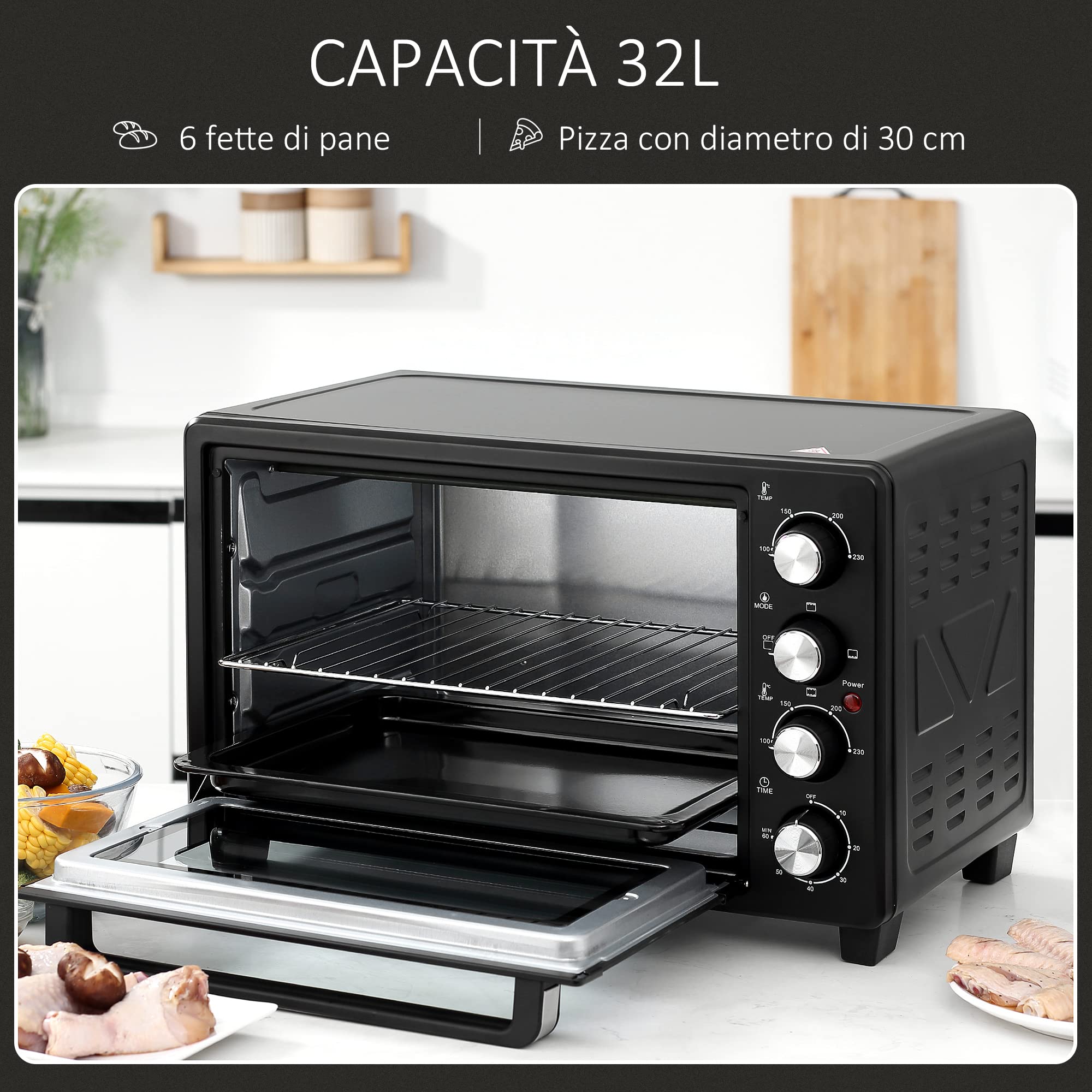 HOMCOM Fornetto Elettrico 32L Regolazione Temperatura e Timer, 3 Modalità di Cottura e Accessori, 1600W, 52.2x38.1x33.5cm, Nero