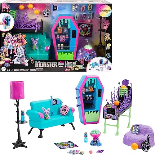 Conjunto de Sala de Estudiantes de Monster High, Muebles de Casa de Muñecas y Accesorios Temáticos con Dos Mascotas y Máquina expendedora Funcional