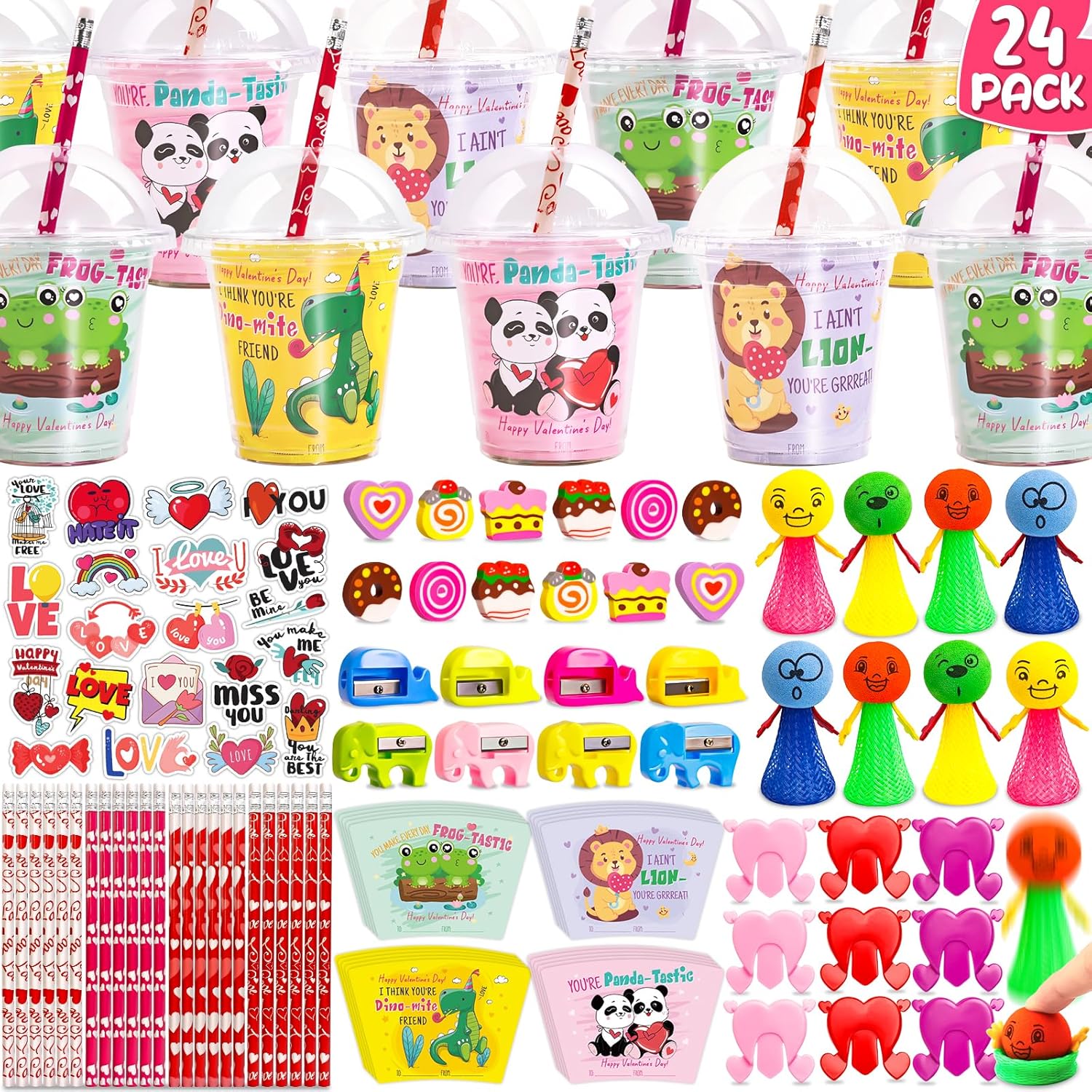 Valentines Day Gifts for Kids Classroom - 24 Pack Valentines Day Stationery Gift for School with Cards Pencils Stickers Erasers Sharpener Cups Classroom Prize School Exchange Boys Girls Party Favors