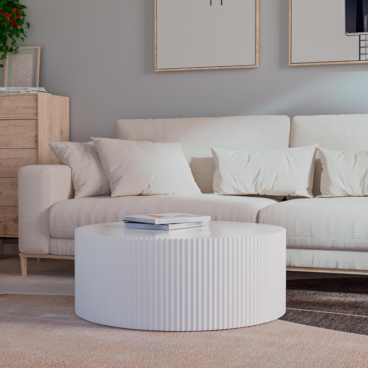 JUSTONE White Round Coffee Table Set Side Table End Table for Living Room, Drum Round 3 Peice Nesting Coffee Modern Coffee Table for Apartment Office,No Assembly (3PCS,White)