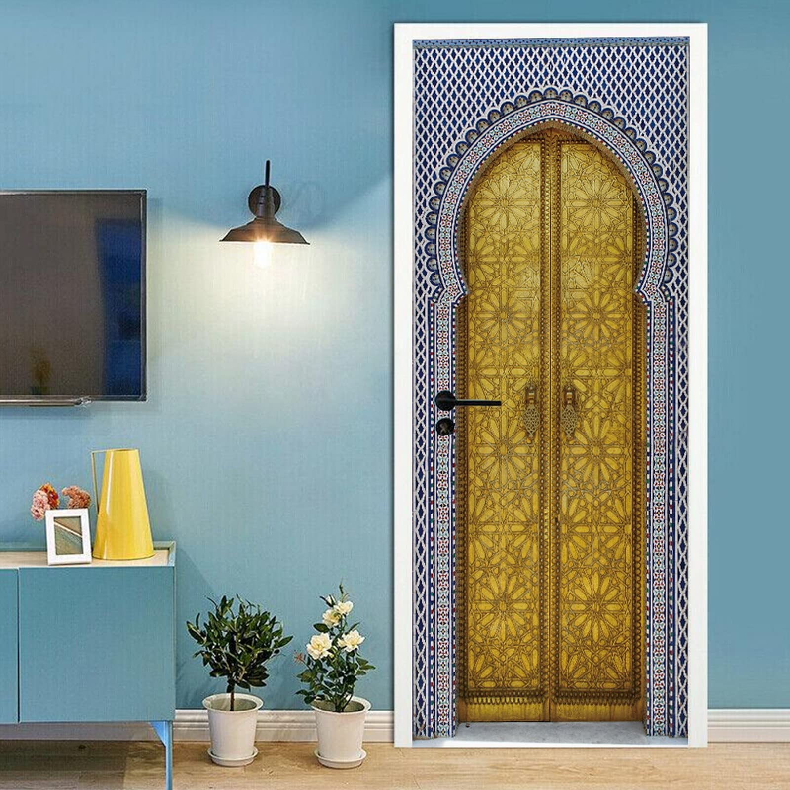 A.Monamour Adesivo Porta Autoadesiva Porta D'Oro Del Palazzo Reale Con Piastrelle A Mosaico A Fez In Marocco Vinile PVC Adesivi per Porte Interne 3D Pellicola Adesiva Poster Sticker Murale Parete