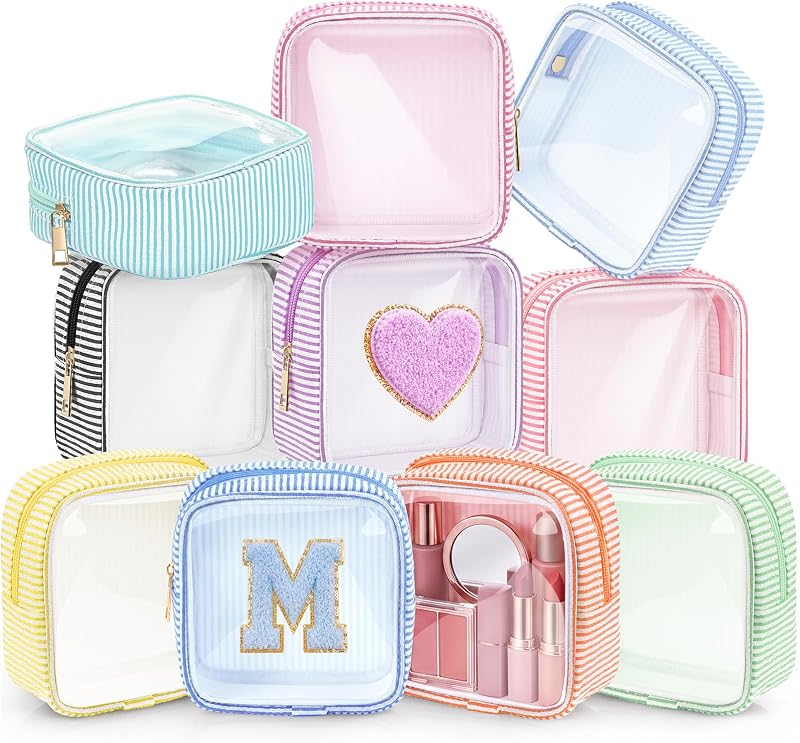 Sanwuta Necessaires Mini Quadradas Transparentes de PVC com Textura Seersucker e Listras, Cores Pastel, Pacote com 10