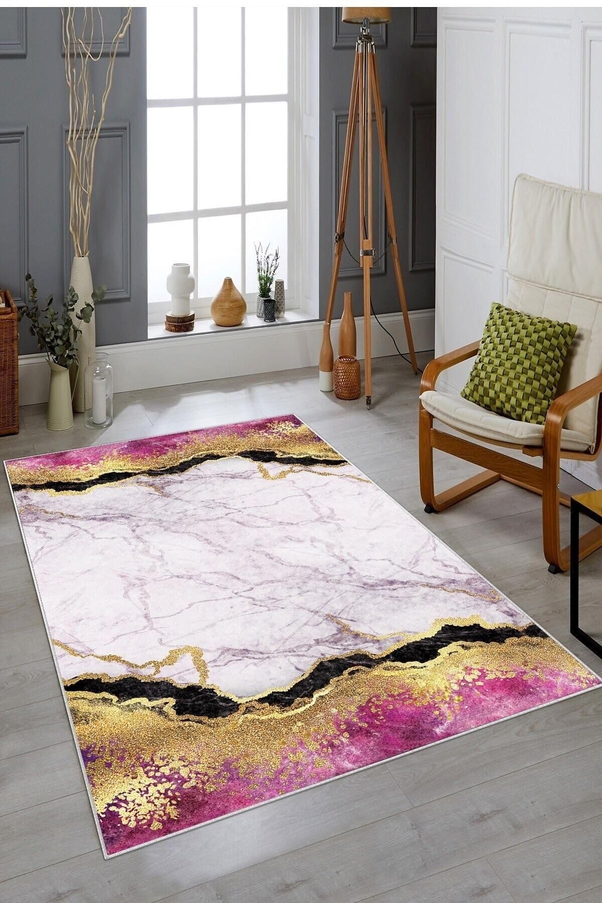 Pelangi Pembe Beyaz Mermer Gold Işleme Yıkanabilir Kaymaz Taban Leke Tutmaz Modern Salon Halısı Ve Yolluk, Pembe 100 x 200, 1358071100200728